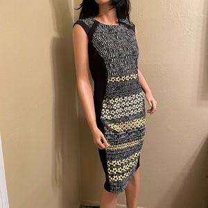 En Focus Black, Yellow & White dress. Size 4. Gently warn.